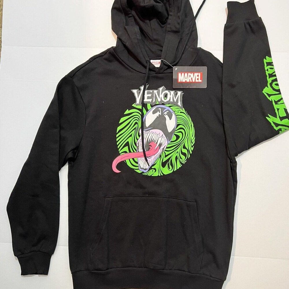 Venom Tongue Portrait Logo, Black Hoodie, Mens Size M